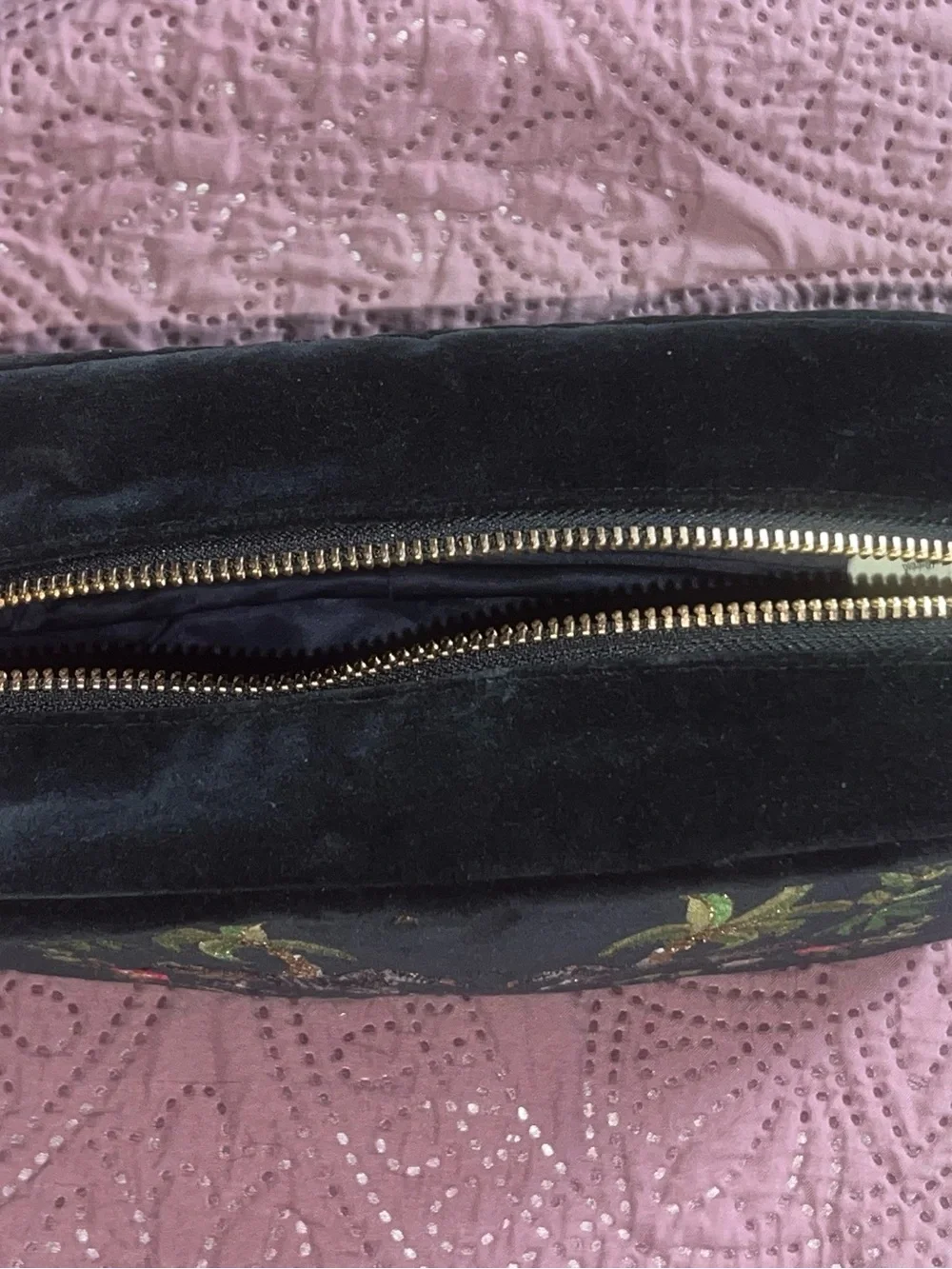 Embroidered Black Velvet Zebra Cosmetic case with Tropical Motif